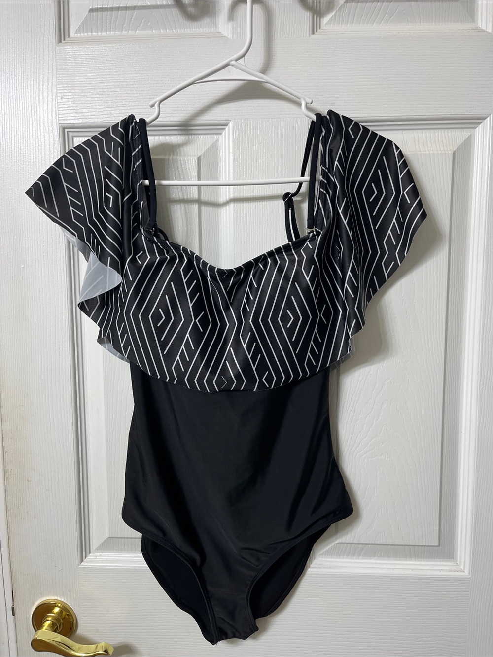 Black One-Piece Swimsuit with Geometric Ruffle